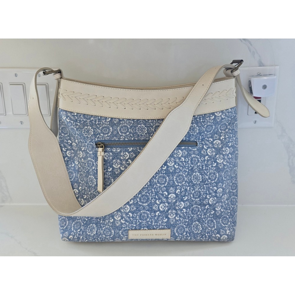 The Pioneer Woman Blue Floral Canvas Crossbody Bag with Braided Cream Trim
